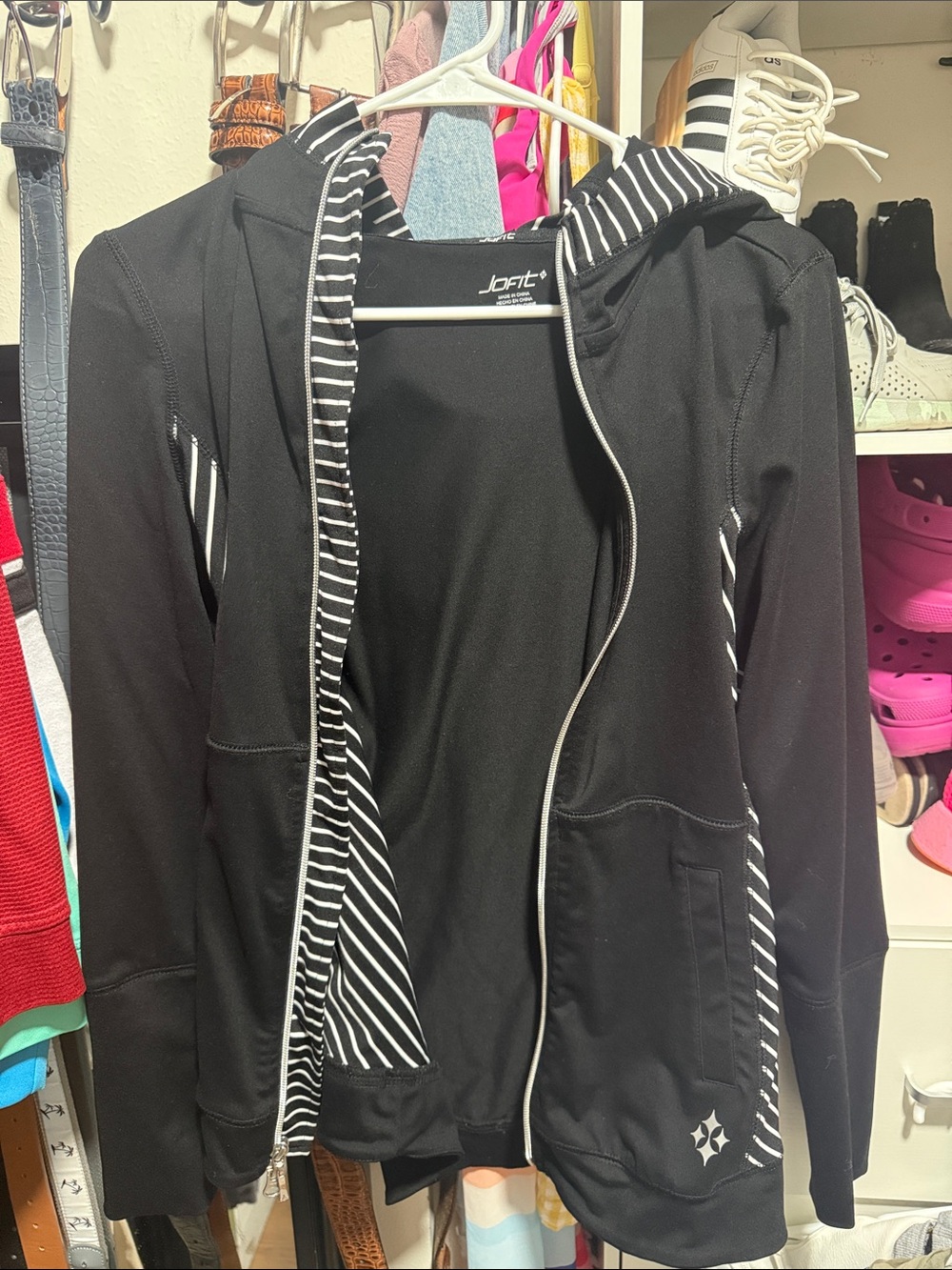 Jofit Black Zip Hoodie with Striped Trim